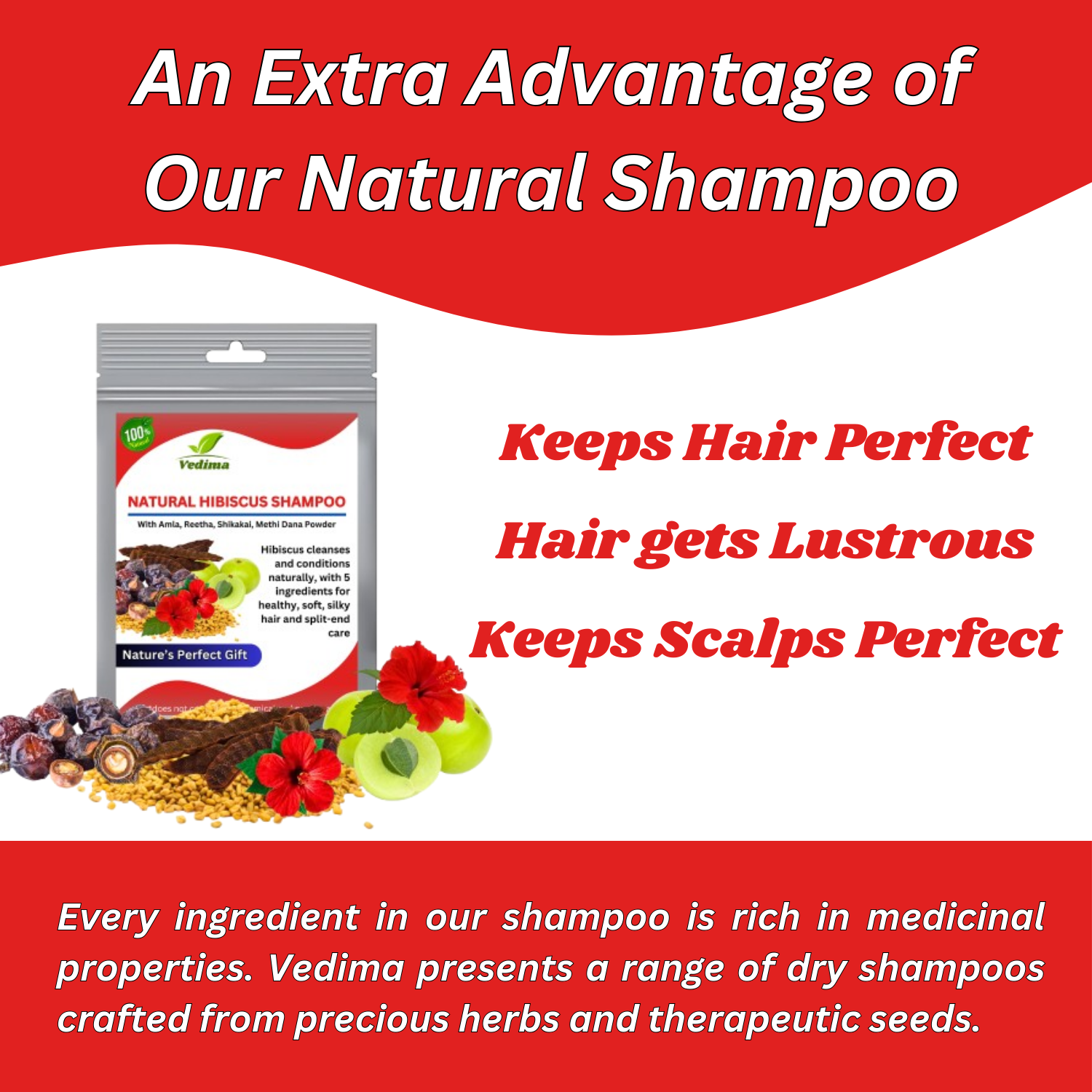 Natural Hibiscus Hair Shampoo with Amla, Reetha, Shikakai & Methi - Vedima