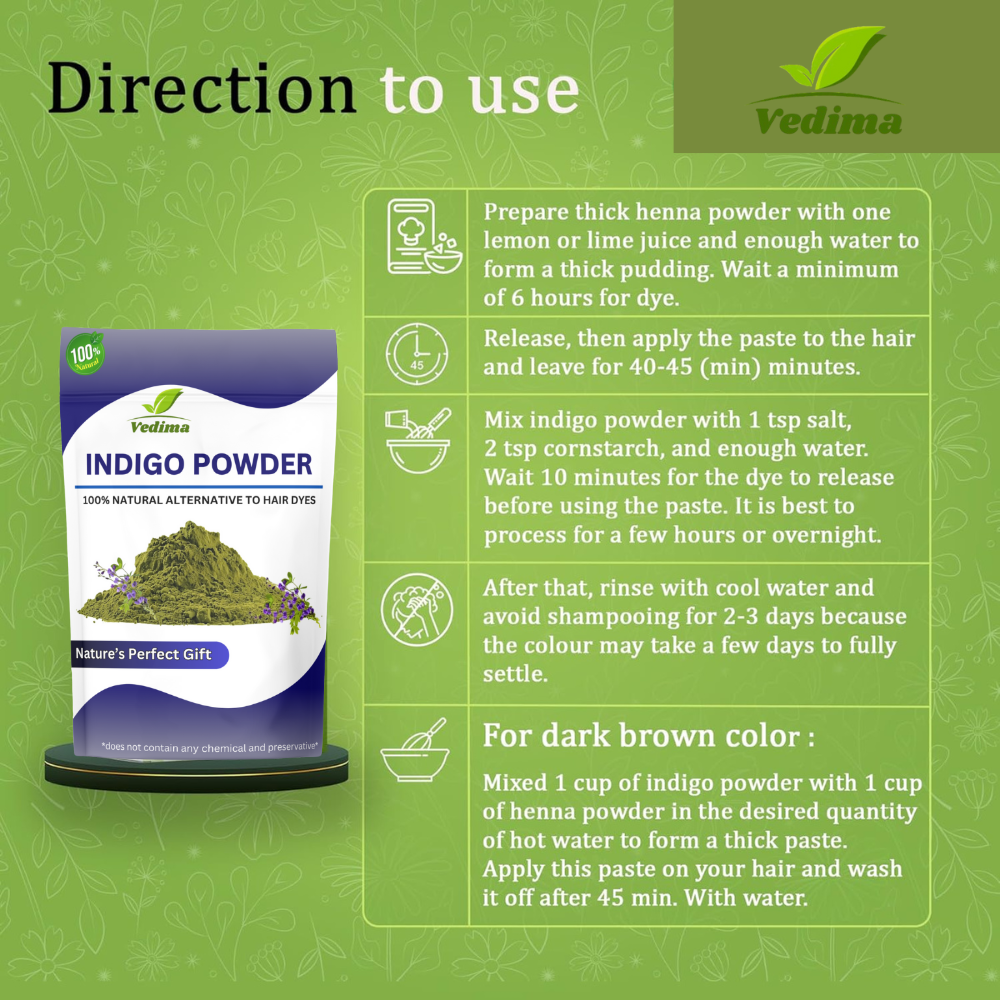 Indigo Leaves Powder – Natural Hair Dye for Black Hair - Vedima