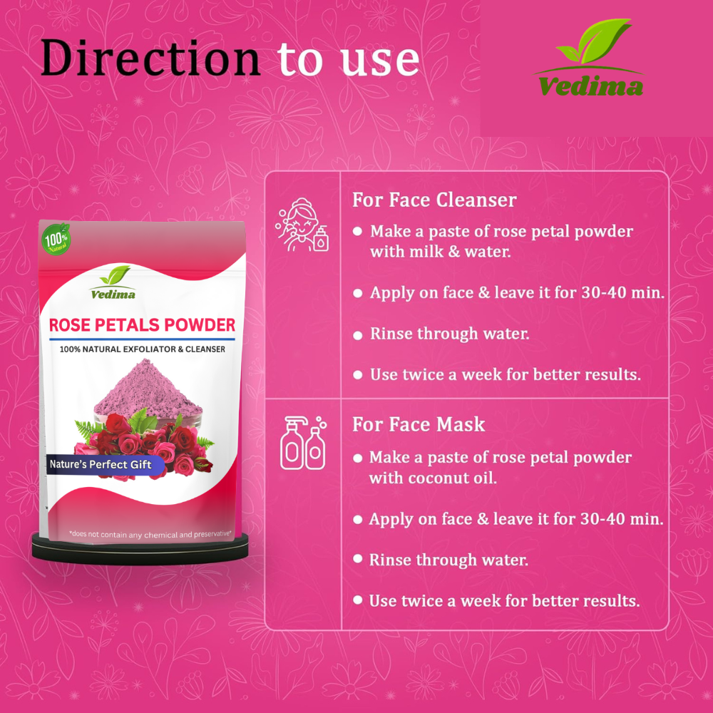 Natural Rose Petals Powder for Radiant Skin & Lustrous Hair - Vedima