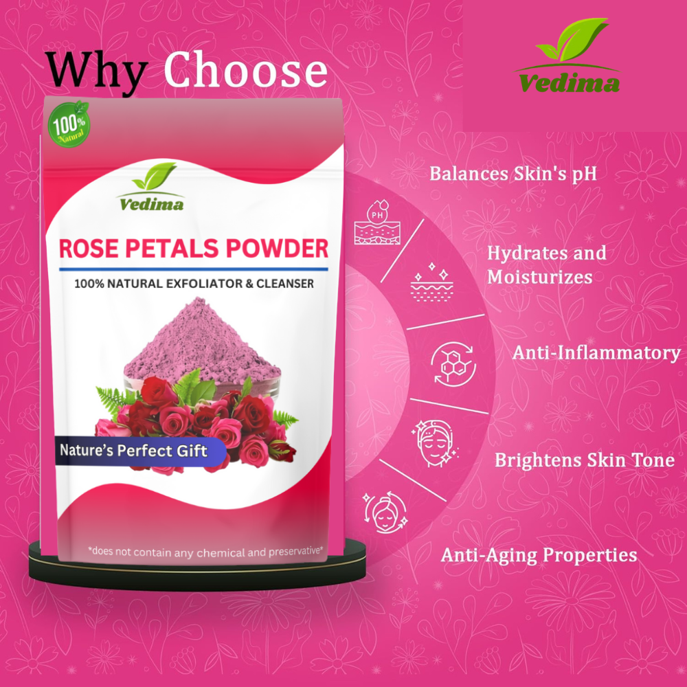 Natural Rose Petals Powder for Radiant Skin & Lustrous Hair - Vedima