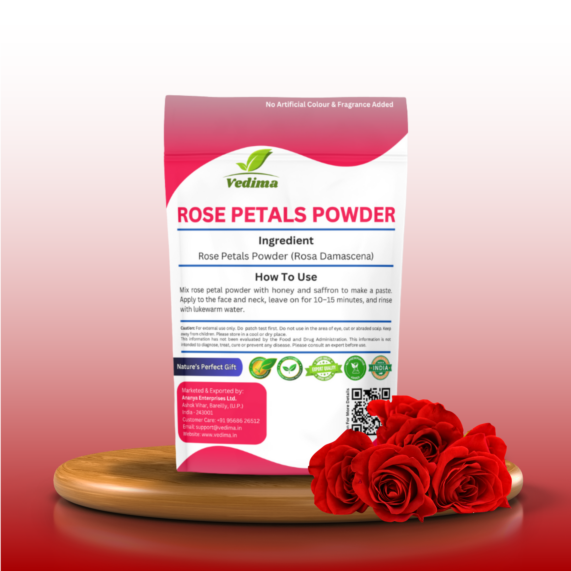 Natural Rose Petals Powder for Radiant Skin & Lustrous Hair - Vedima