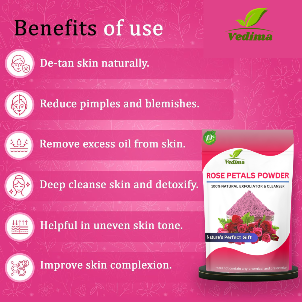 Natural Rose Petals Powder for Radiant Skin & Lustrous Hair - Vedima